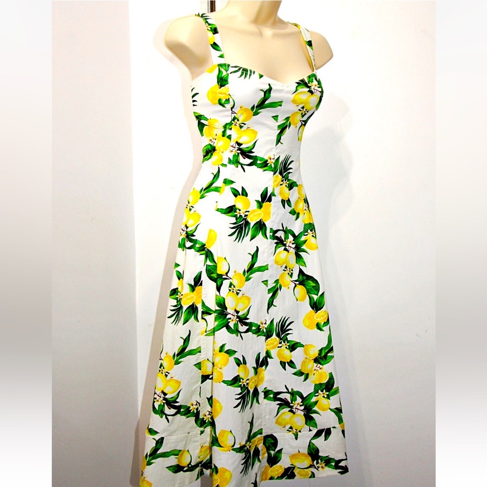 New Avec Les Filles Lemon Print Pockets Cotton-Blend Sweetheart Midi Dress - Picture 8 of 11